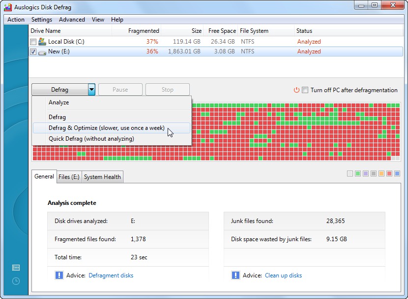 Auslogics Disk Defrag  ücretsiz disk birleştirme